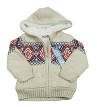 Nové - Béžovo-tmavomodro-červený propínací zateplený svetr se vzorem a kapucí M&S