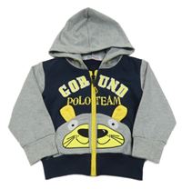 Sivo-tmavomodrá prepínaci mikina s medvěďom a kapucňou