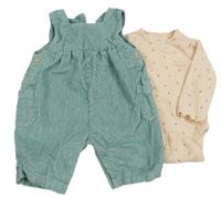 2set - Světlerůžové kytičkované body + světlemodré manšestrové lacláče Next 