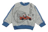 Sivo-modrá mikina s autom a nápisom