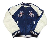 Tmavomodro-biela saténová jarná bunda s kvietkami H&M