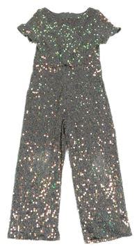 Stříbrný společenský flitrový kalhotový overal 