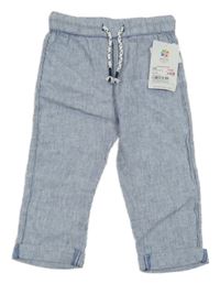 Nové - Světlěmodro-bílé proužkované lněné kalhoty Topomini