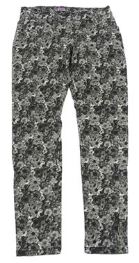 Sivo-čierne kvetované skinny sametovo/manšestrové nohavice F&F