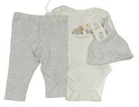 3Set - Bílé perforované body s ovečkami + šedo/bílá melírovaná čepice a tepláky F&F