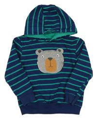 Tmavomodro-zelenomodrá pruhovaná mikina s medvedíkom a kapucňou lupilu