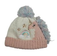 Smetanovo-svetloružová pletená čapica s jednorožcom a brmbolcom