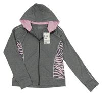 Nové - šedo-tmavošedo-růžová melírovaná propínací mikina se vzorem a kapucí PRIMARK