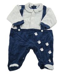 Tmavomodro-svetlosivý zamatový overal s medvedíkom a tlapkami a golierikom