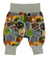 Šedo-barevné vzorované turecké tepláky se zvířátky a listy