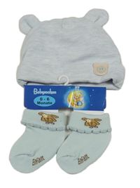 Nové - 2Set - Světlemodrá melírovaná čepice s medvídkem a oušky + ponožky s pejskem 