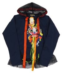 Nové - tmavomodrá mikina se sovičkou a perlami a síťovaným volánkem a kapucí SUME KIDS