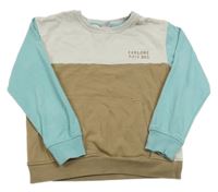 Hnědo-béžovo-mentolová mikina s nápisy a kapsou little kids