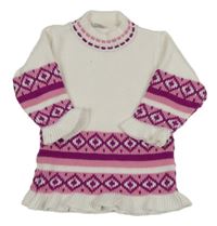 Bielo-ružovo-borůvkový vlnený rolák so vzorom a volánikmi