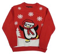 Červeno-biely pletený sveter s tučňáčkem bpc