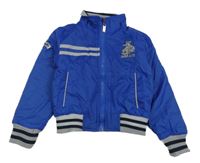 Safírovo-šedý šusťákový jarní oboustranný bomber s autíčkom a pruhmi