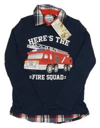 Nové - tmavomodré triko s hasiči a všitou kostkovanou košilí C&A