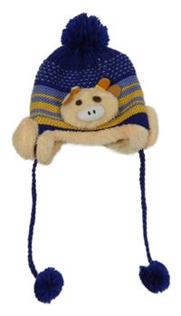 Safírovo-modro-žlutá pletená zateplená čepice se zvířátkem a bambulemi 