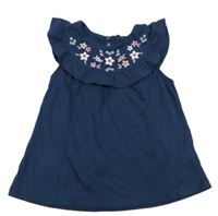 Tmavomodrý top s květy a volánkem C&A