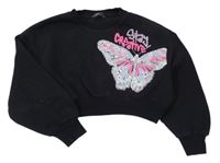 Čierna oversize crop mikina s motýlkom s flitrami a nápismi PRIMARK