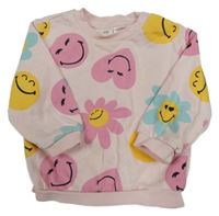 Svetloružová mikina s kvety a srdiečkami so smajlíkmi H&M