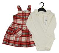 Nové - 2set - Červeno-černo-bílé kostkované teplé propínací šaty + bílé žebrované body s volánkem F&F