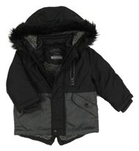 Černo/kostkovano-tmavošedo/melírovaná šusťáková zimní parka s kapucí s kožešinou PRIMARK