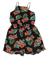 Čierny kvetovaný ľahký kraťasový overal s listami Primark