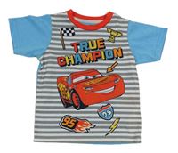 Šedo-bílo-modré pruhované tričko s Bleskem McQueenem - Cars Disney
