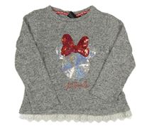Sivé melírované úpletové tričko s Minnie z flitrů a čipkou Primark