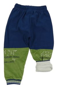 Tmavomodro-zelené rebrované zateplené nohavice s nápisom