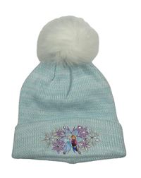 Světlemodrá melírovaná třpytivá pletená čepice s Frozen a bambulí Disney