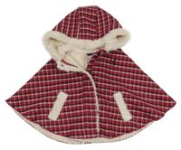 Tmavočerveno-vínovo-ružové kockované zateplené pončo s kapucňou