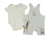 Nové - 2set - Sivo-biele pruhované rebrované na traké kraťasy s žirafou a kočkou + smotanové rebrované body F&F