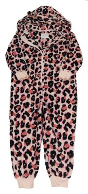 Růžová chlupatá kombinéza s leopardím vzorem a kapucí Next