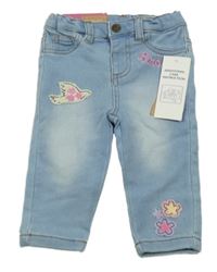 Nové - Svetlomodré teplákové rifle s vtáčikom a kvetmi Pep&Co