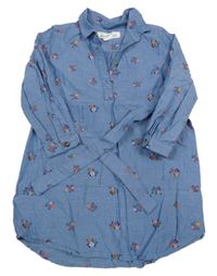 Modré melírované květované košilové šaty riflového vzhledu s páskem H&M