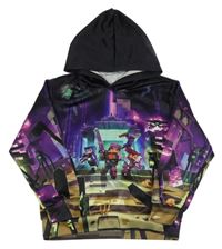 Čierno-fialová mikina s minecraft a kapucňou