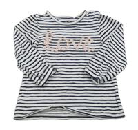 Bílo-tmavomodré pruhované triko s nápisem Topomini