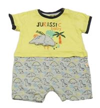 Žluto-šedý vzorovaný kraťasový overal s dinosaury 