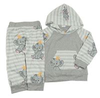 2 set - šedá lehká mikina s pruhovanými rukávy a slony a kapucí + pruhované tepláky 