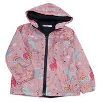 Růžová šusťáková jarní bunda s jednorožci a obrázky a kapucí 