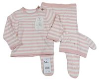 3set - Růžovo-bílý pruhovaný svetr s králíčkem + pruhované polodupky + pruhovaná čepice s čumákem a oušky Mothercare