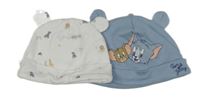 2set - 2x čepice - bílá se zvířátky + modrá s Tomem a Jerrym 