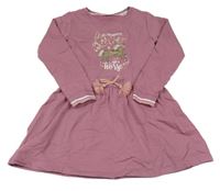 Fialové teplákové šaty s nápisy a koníkem 