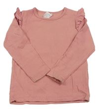 Svetloružové rebrované tričko s volánikom H&M