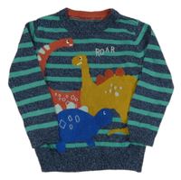 Tmavomodro-tyrkysový pruhovaný svetr s dinosaury Nutmeg