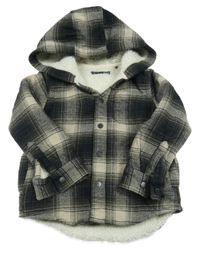 Čierno-béžovo-hnedá kockovaná košeľová zateplená bunda s kapucňou Next