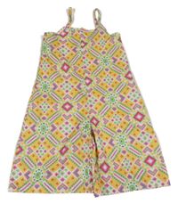 Žlto-zeleno-ružový vzorovaný culottes overal Shein