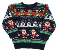 Tmavomodro-farebný sveter so sobmi a nápismi Primark